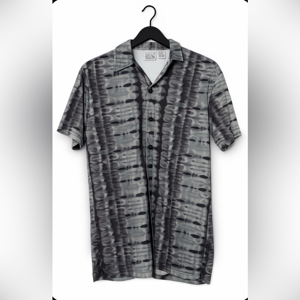 Y2K Abstract Print Button Up Shirt Gray Black Grunge Streetwear Men’s Medium